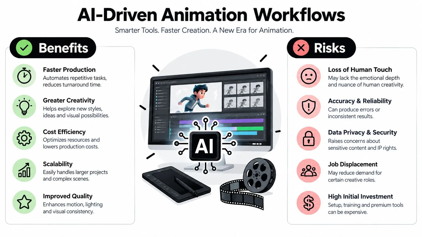 An infographic titled AI-Driven Animation Workflows detailing the various benefits and risks of using artificial intelligence in animation.