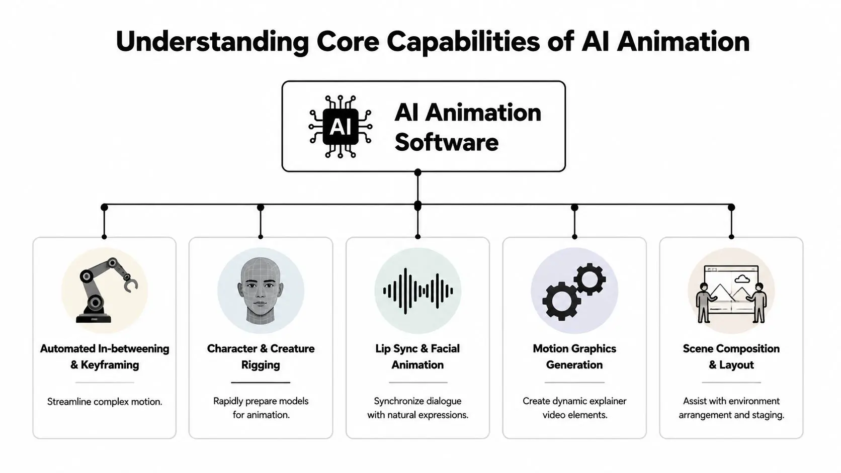 A diagram illustrating the core capabilities of AI animation software, including rigging, lip sync, and scene composition.