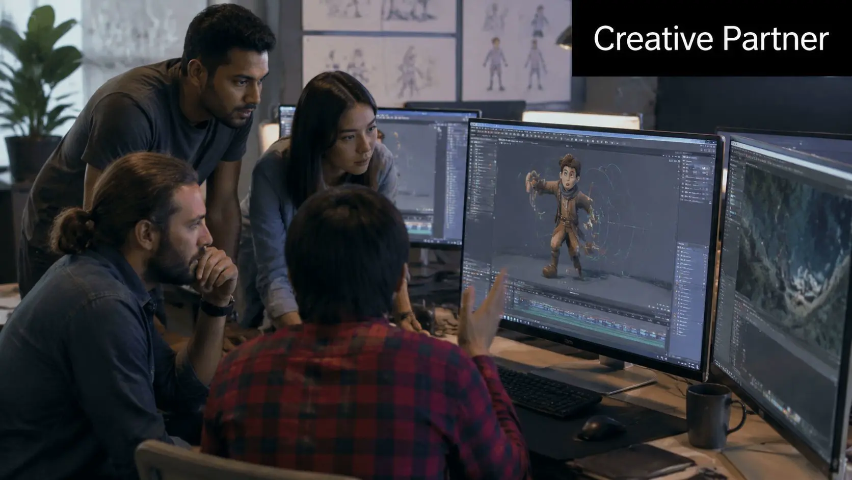 A diverse group of creative professionals working together on an animation project using digital software.