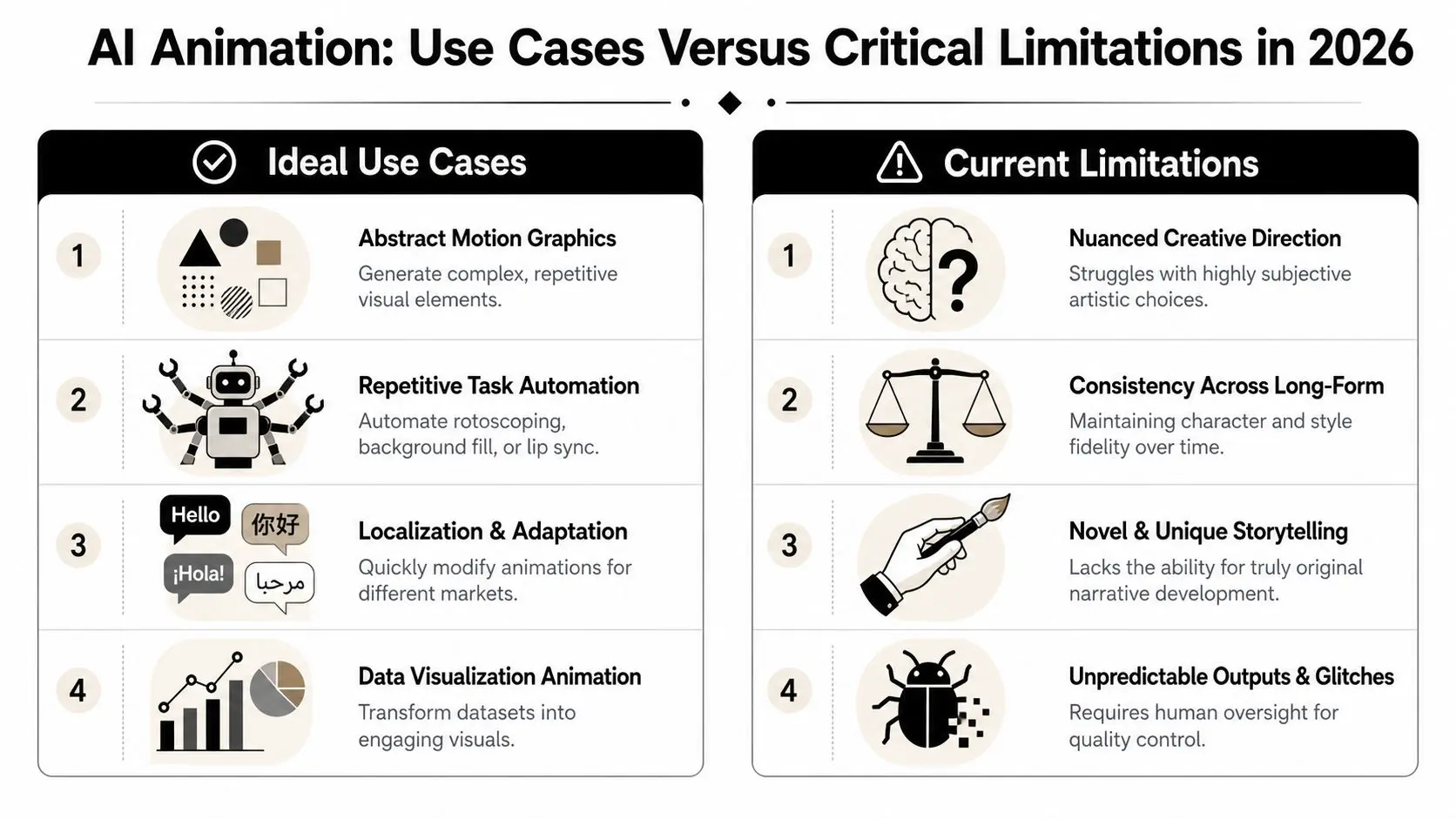 A comparison chart showing ideal use cases versus current limitations of AI animation technology in 2026.