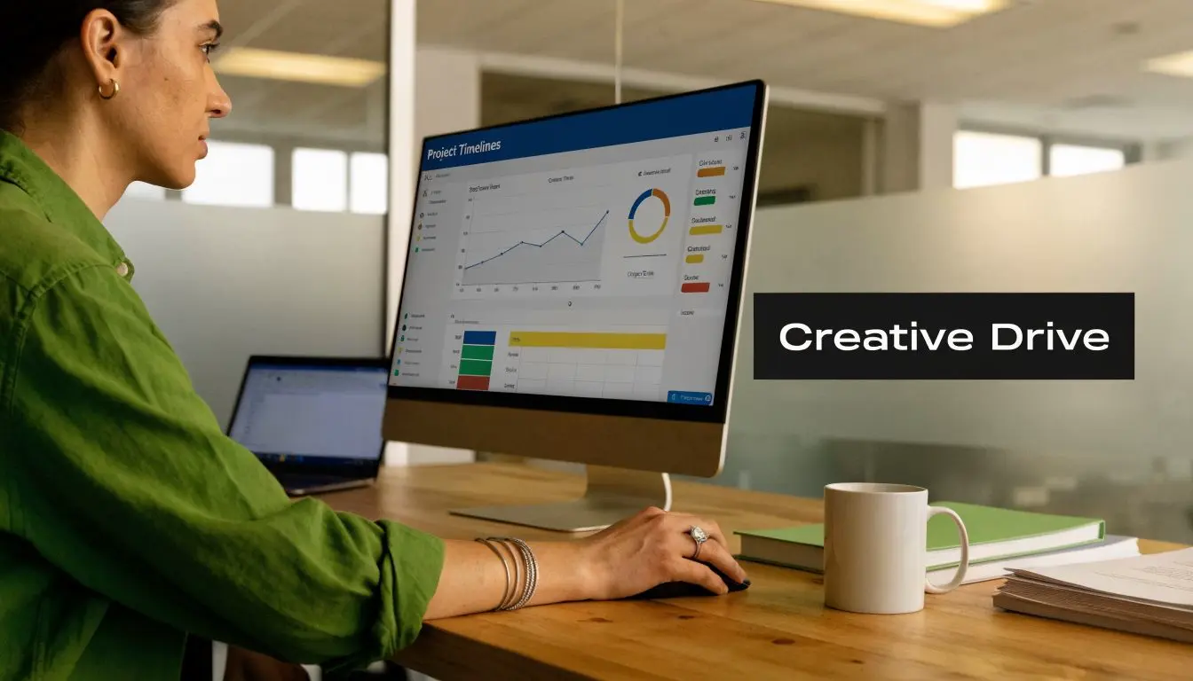 A woman in a green shirt working on a project timeline dashboard on a desktop computer.