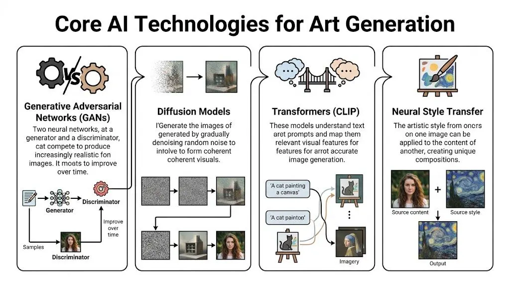 A diagram infographic explaining four core artificial intelligence technologies used for generating digital art.