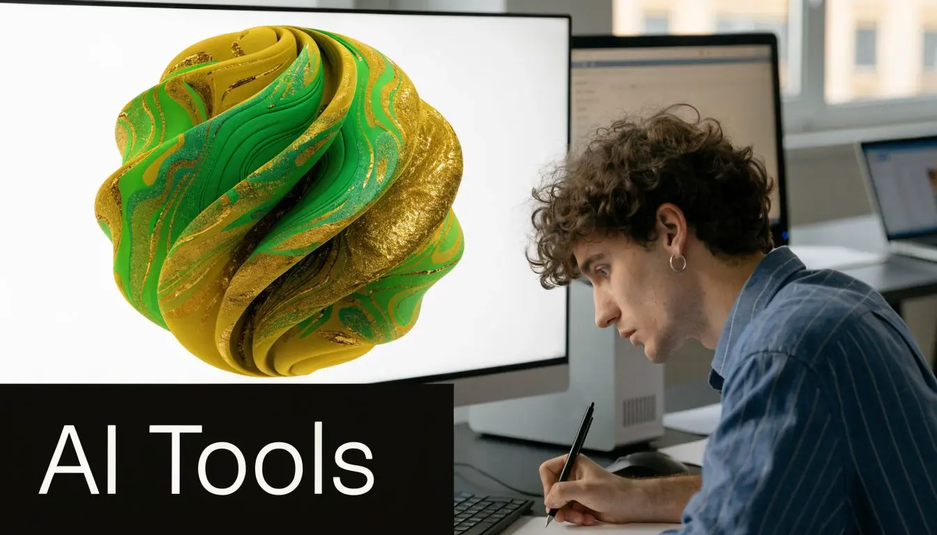 A young artist works at a desk, sketching near a monitor displaying a 3D abstract digital sculpture.