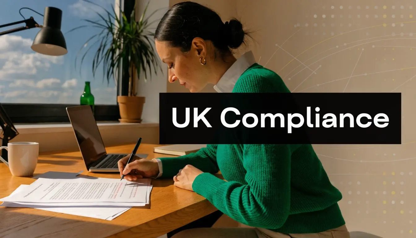 A professional woman in a green sweater reviewing documents at her desk with a laptop.