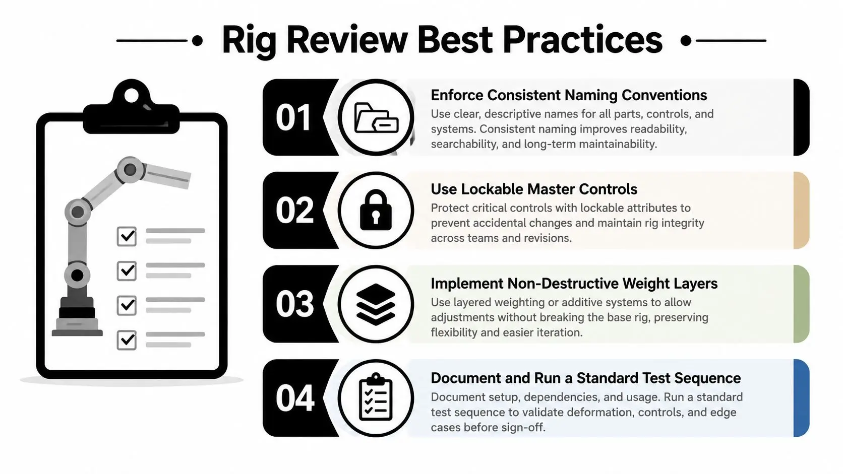 An infographic titled Rig Review Best Practices illustrating four key steps for professional character rigging workflows.