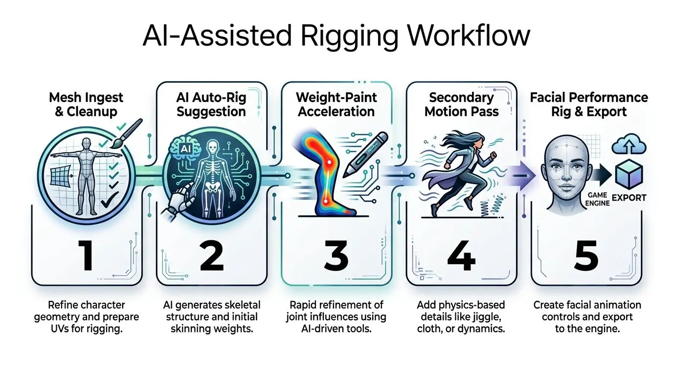 A five-step flowchart illustrating the AI-assisted rigging workflow for 3D character animation and game development.