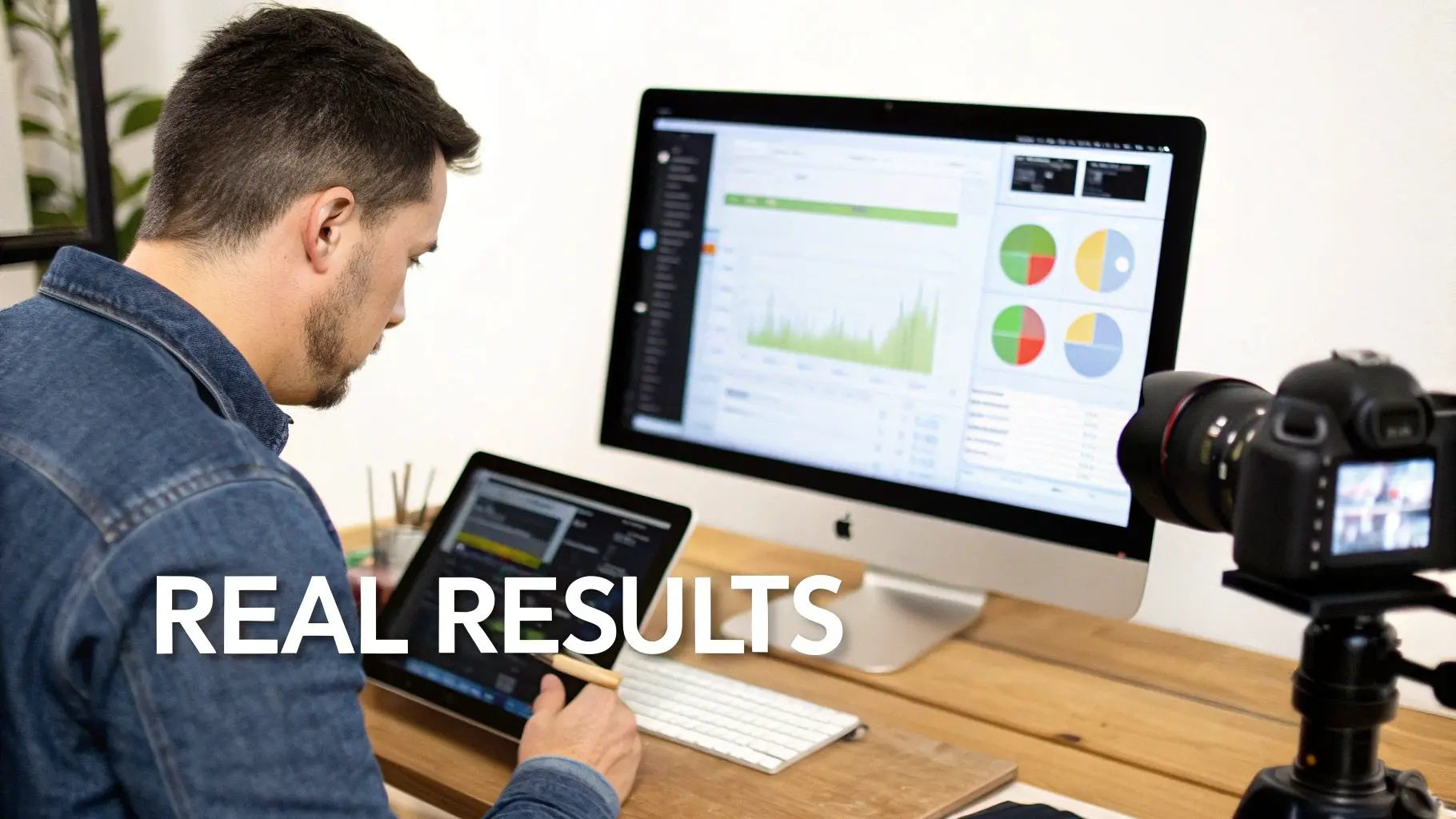 A man analyzes data on a tablet and desktop monitor showing charts and graphs, with a camera set up.