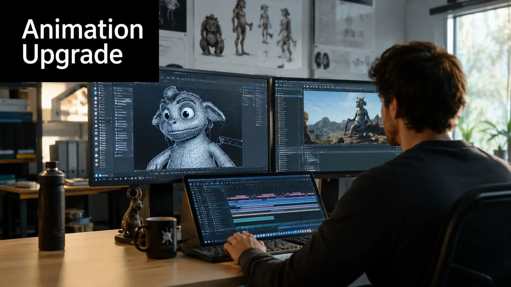 A digital animator working on a 3D monster character design at a desk with multiple computer monitors.