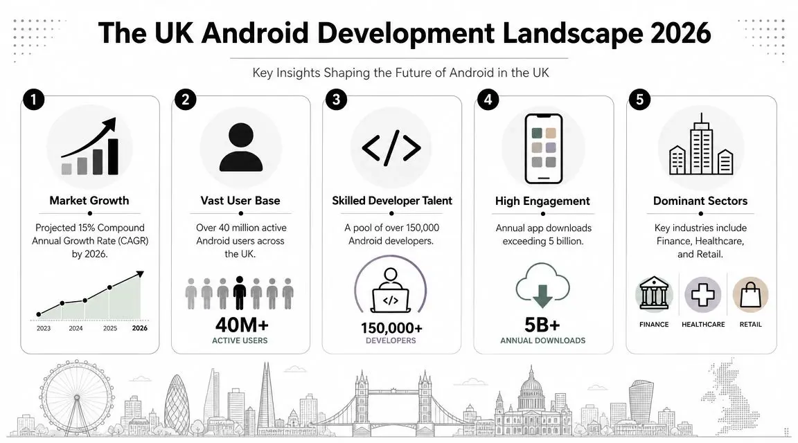 An infographic showing market growth, user base, developer talent, and key sectors of the UK Android development landscape.