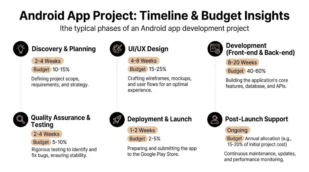 An infographic detailing the timeline and budget distribution for each phase of Android app development.