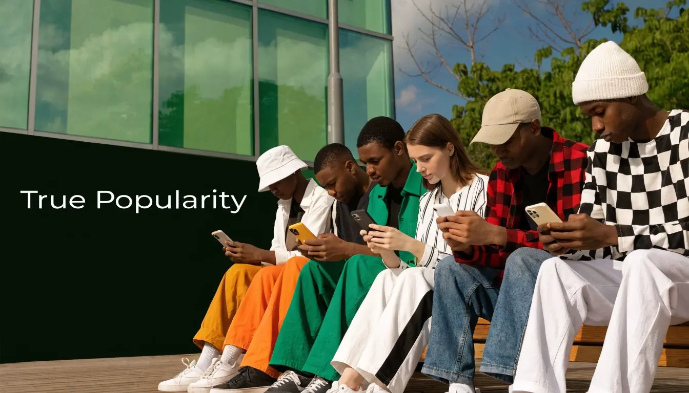 A diverse group of young adults sitting on a wooden bench while using their smartphones outdoors.