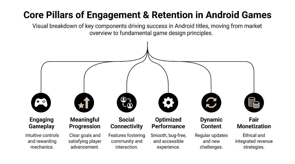 A diagram illustrating the six core pillars for engagement and retention in popular Android mobile games.