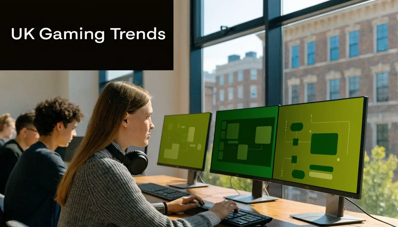 A student using a computer in a modern classroom setting with abstract graphics on the screens.