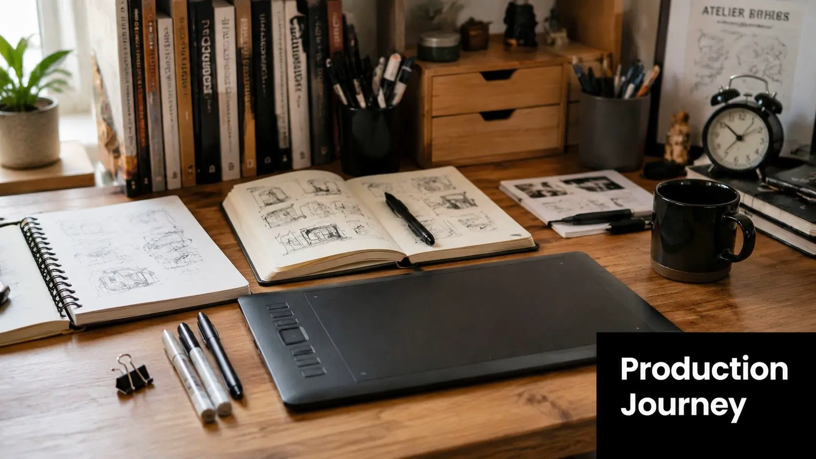 A professional artist workspace featuring a digital drawing tablet, sketchbooks with pencil drawings, and art supplies.