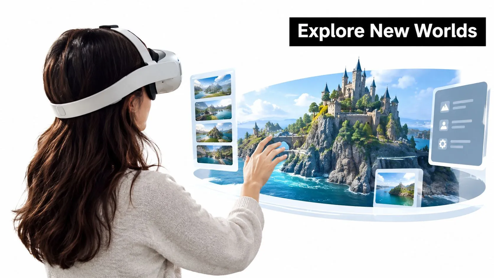 A woman wearing a VR headset interacting with a holographic interface displaying a castle landscape.