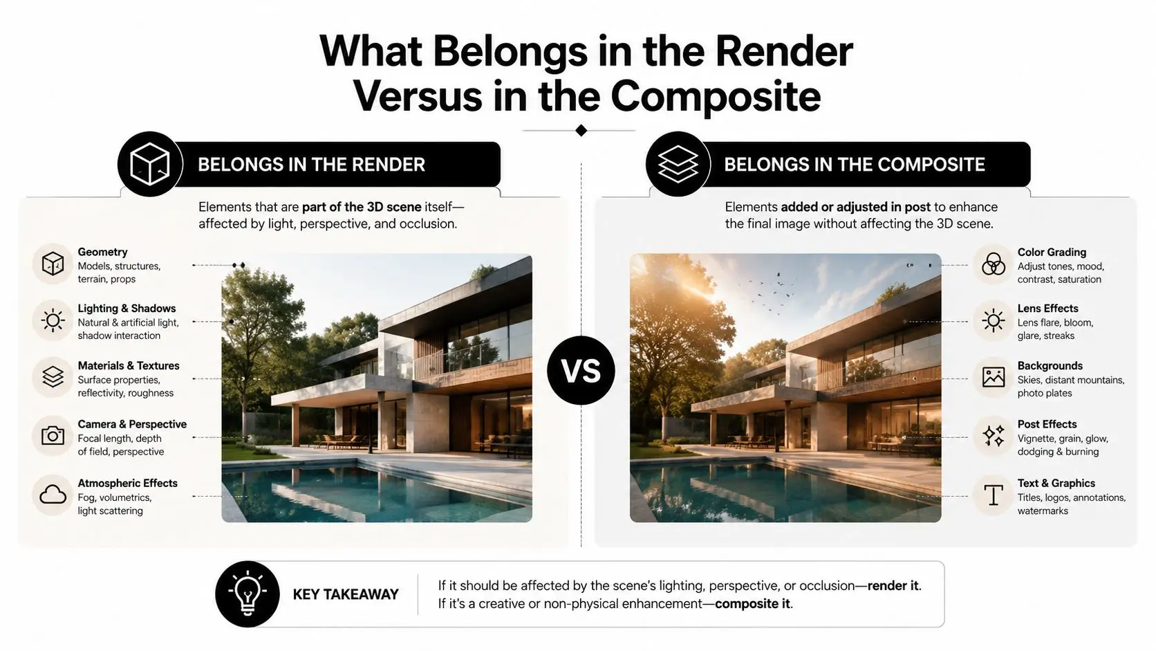 A comparison chart showing which elements should be included in a 3D render versus in post-production compositing.