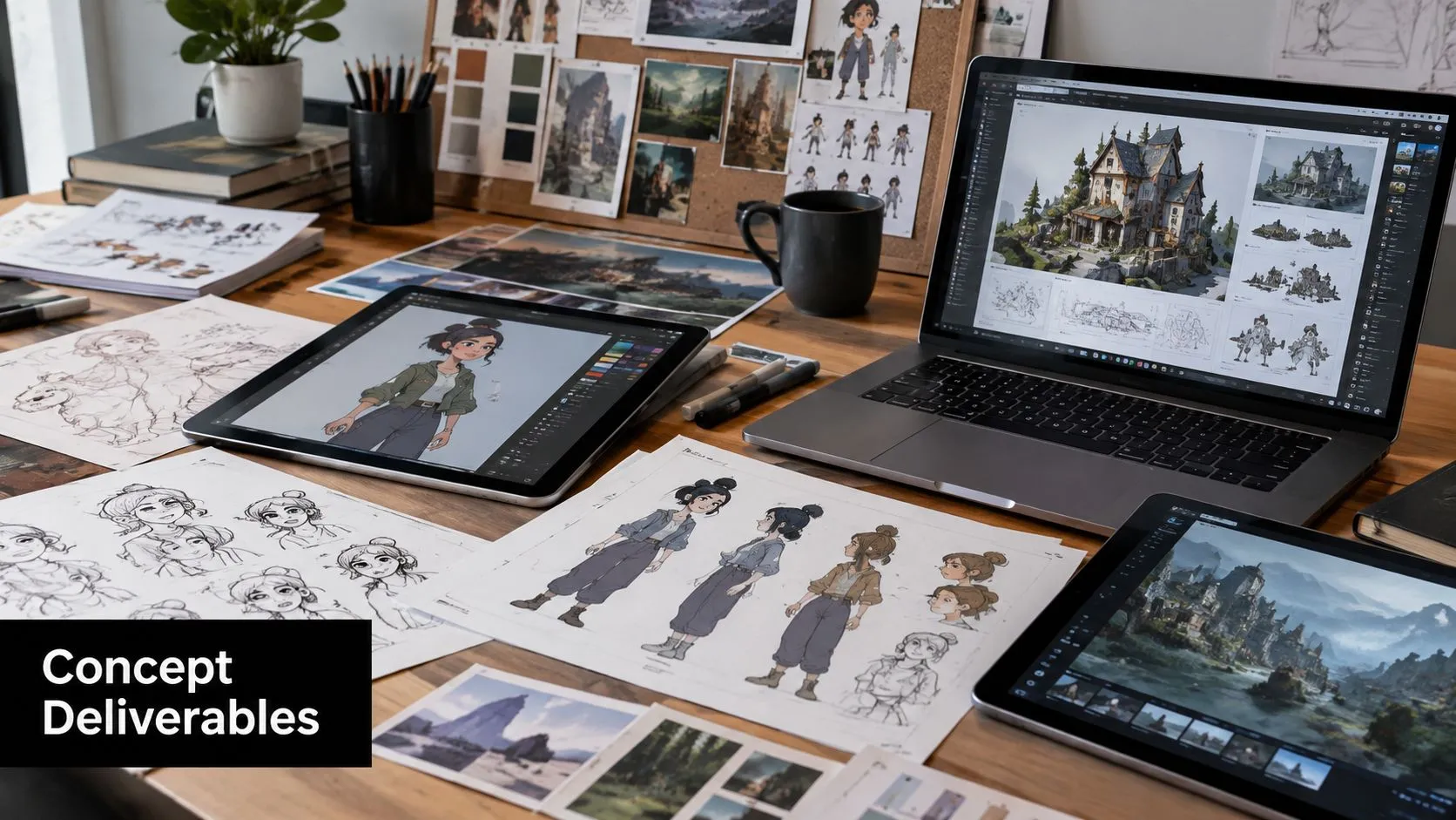A professional digital artist workspace featuring sketches, tablets, and a laptop displaying character and environment designs.