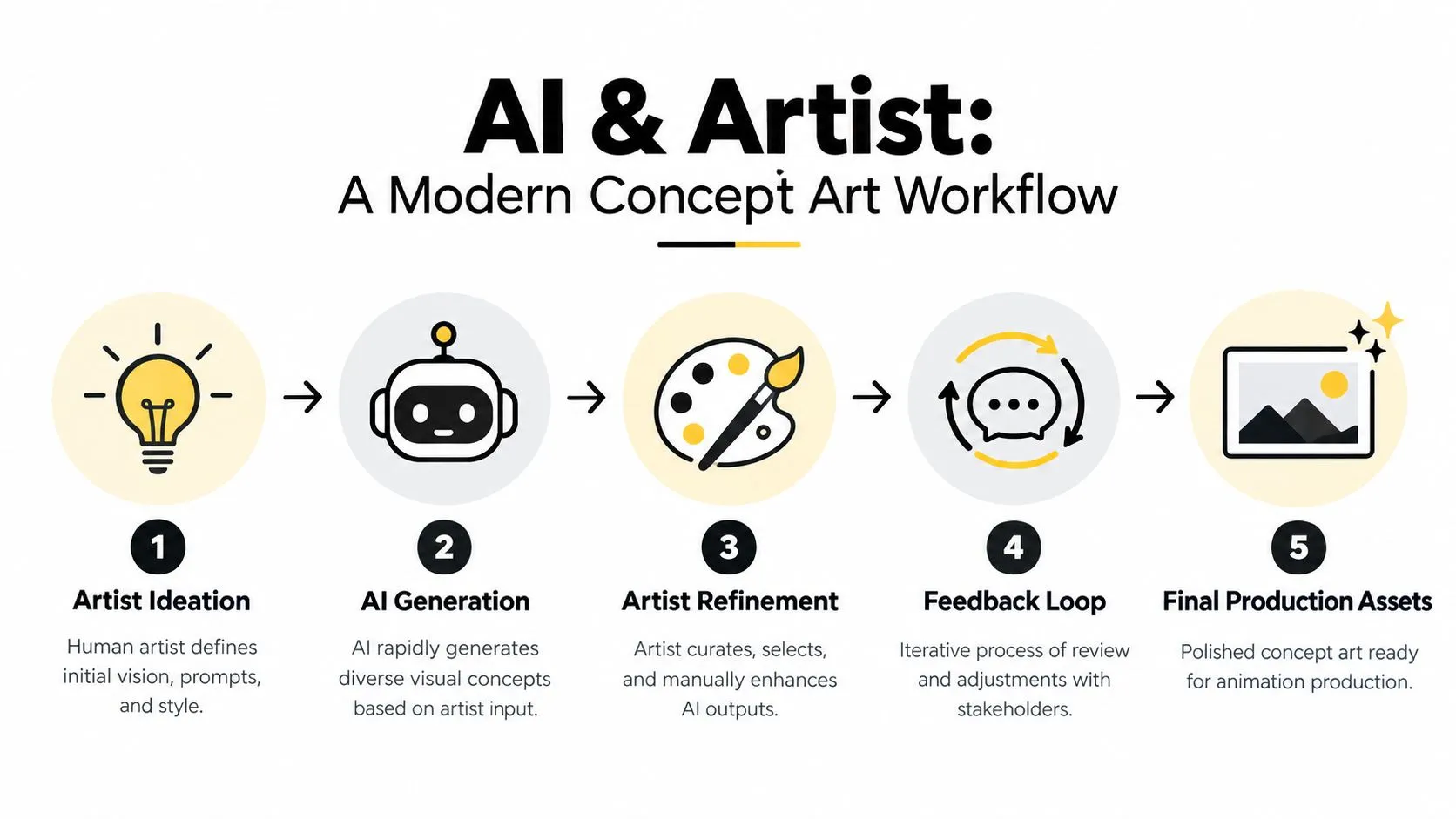 A diagram illustrating a five-step modern concept art workflow between a human artist and AI technology.