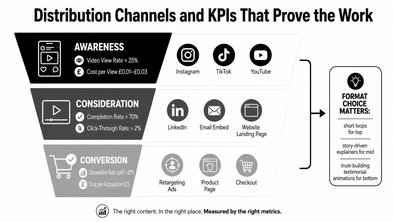 A marketing funnel infographic showing distribution channels and KPIs for awareness, consideration, and conversion stages.