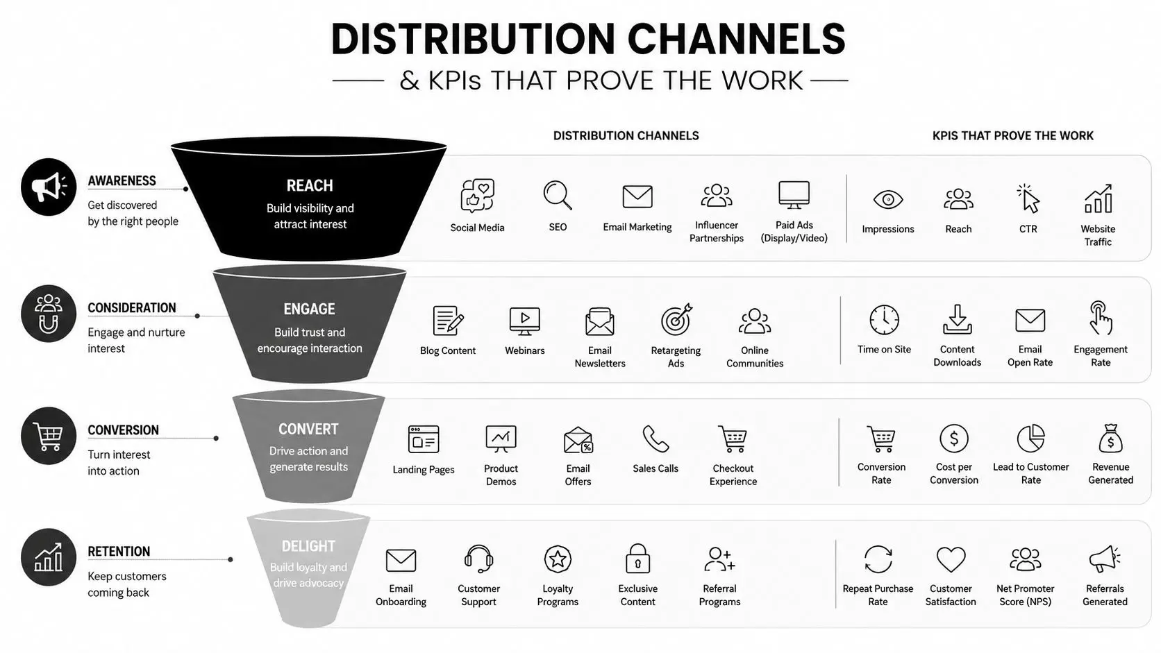 A marketing funnel infographic illustrating distribution channels and key performance indicators for each stage of the customer journey.