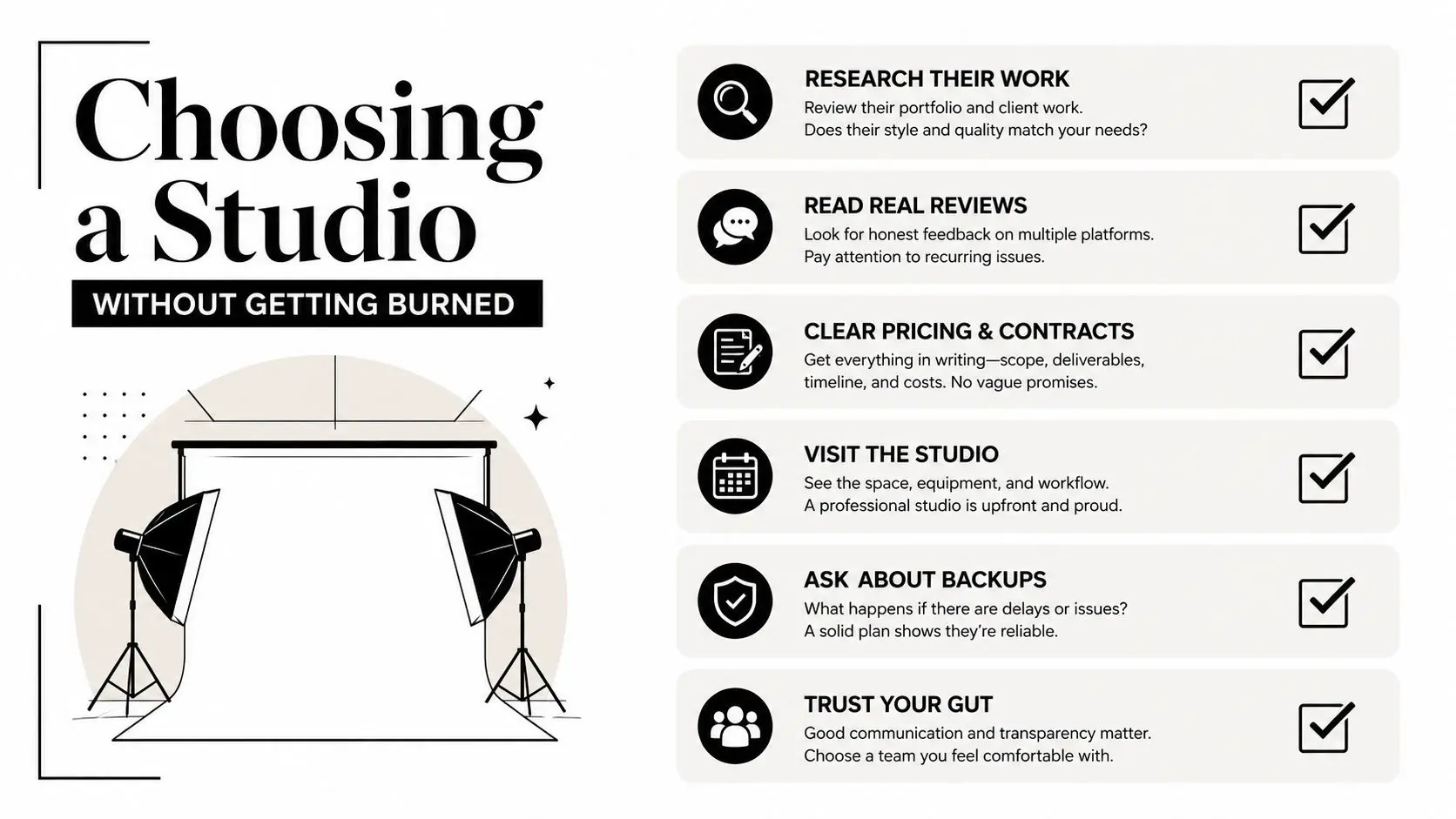 An infographic titled Choosing a Studio, featuring six tips for selecting a reliable creative studio for hire.