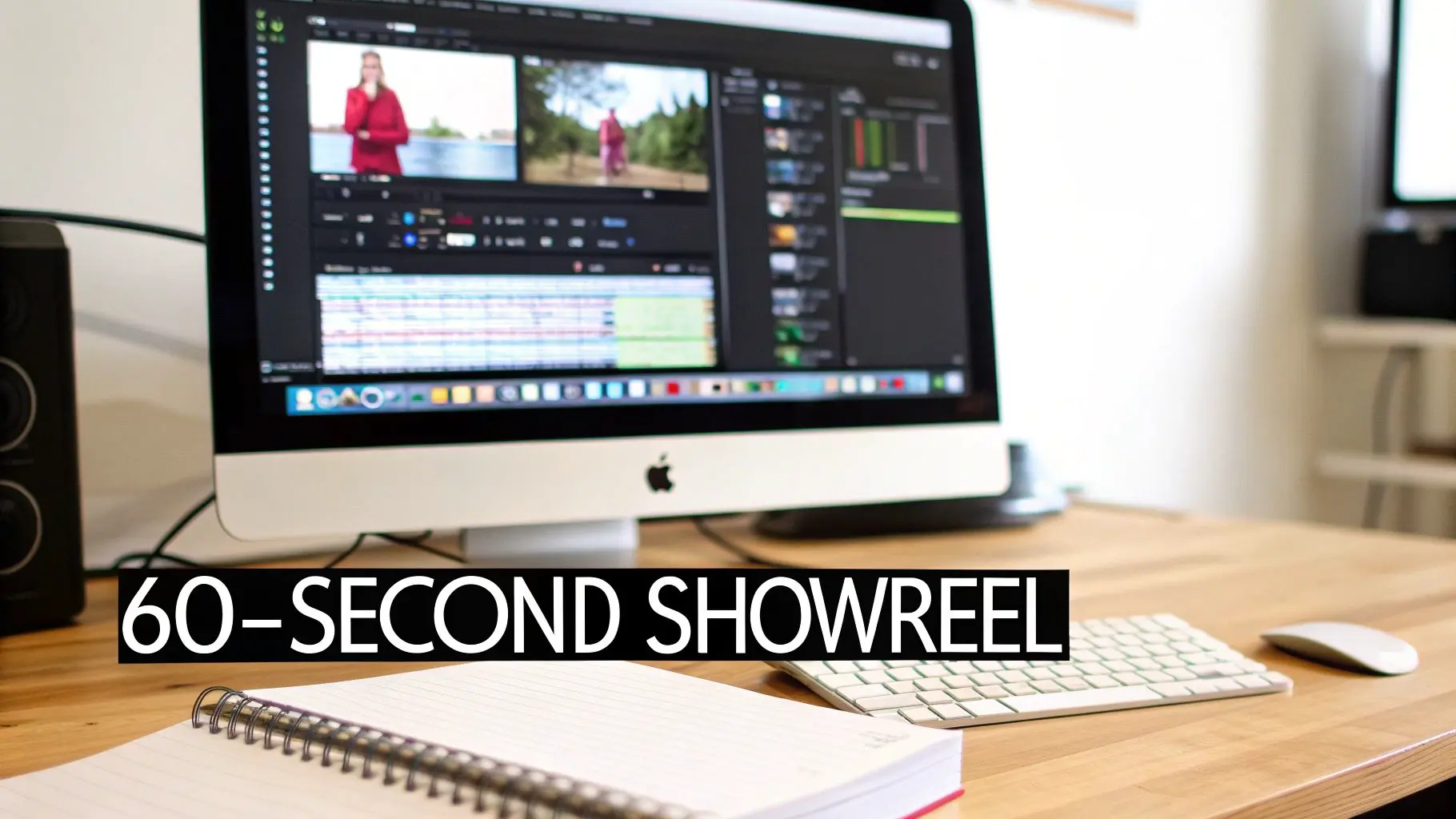 A computer screen displaying video editing software with clips on a timeline, a notebook, keyboard, and mouse on a wooden desk.