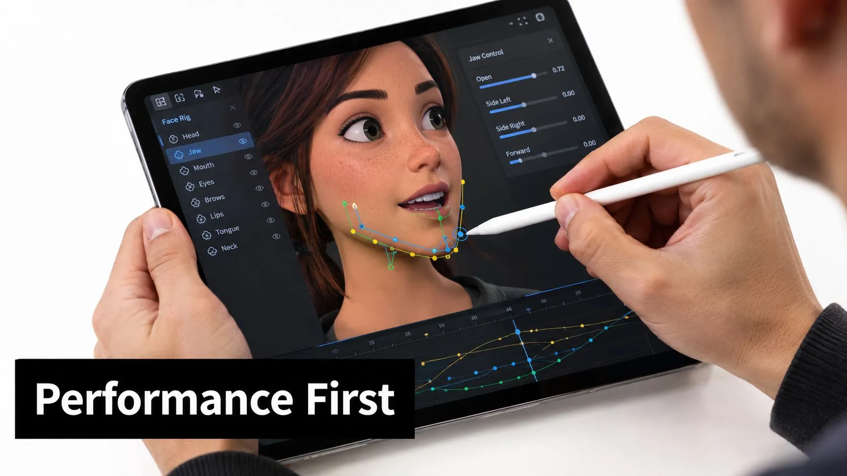 A digital artist uses a stylus on a tablet to animate a 3D character lip sync model.