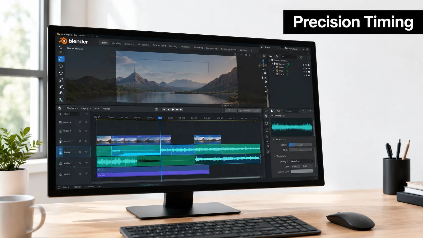A computer monitor displaying the Blender software interface on a desk, used for precise animation and editing.