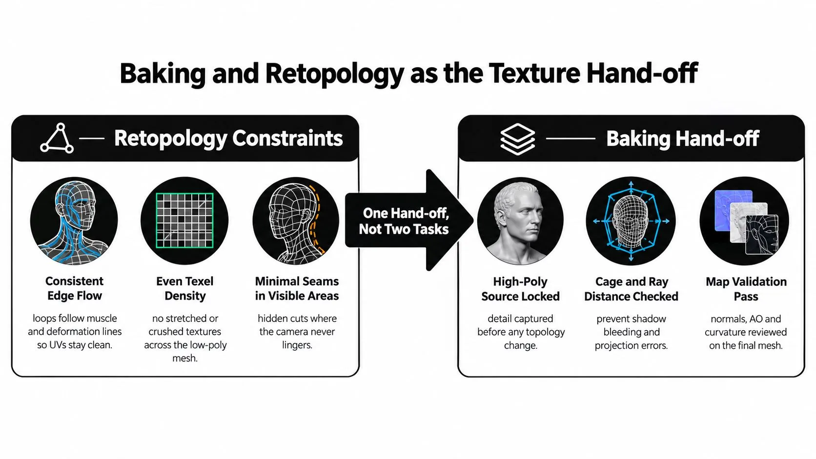 A diagram explaining the 3D workflow process for retopology and baking as a unified texture hand-off strategy.