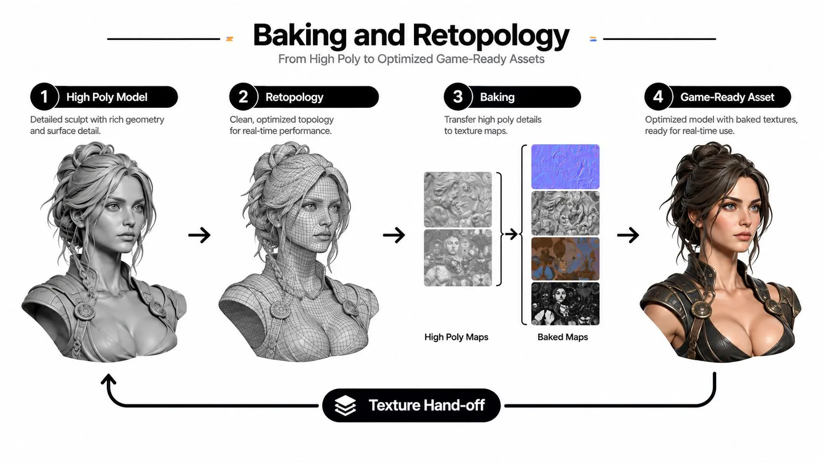 A diagram illustrating the game development workflow from high poly model sculpting to optimized textured asset.