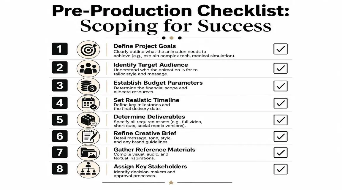 A numbered checklist for pre-production planning of animation projects, including steps from defining goals to assigning stakeholders.