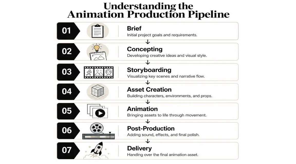 A seven-step flowchart infographic illustrating the sequential stages of the professional animation production pipeline.