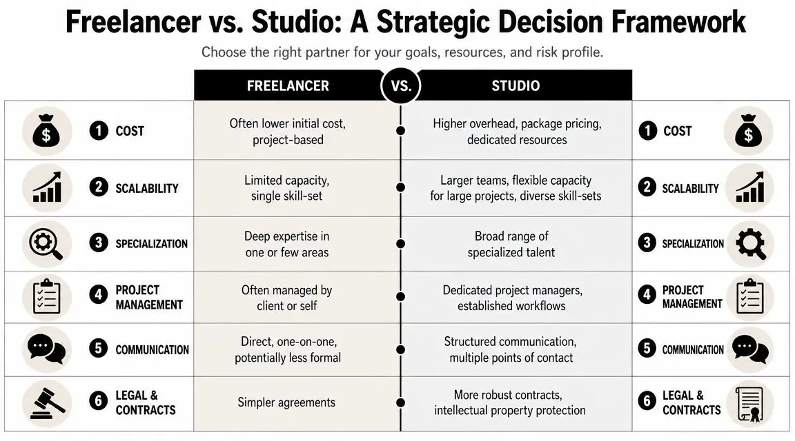 A strategic comparison chart between hiring a freelance professional and a design studio across six business categories.
