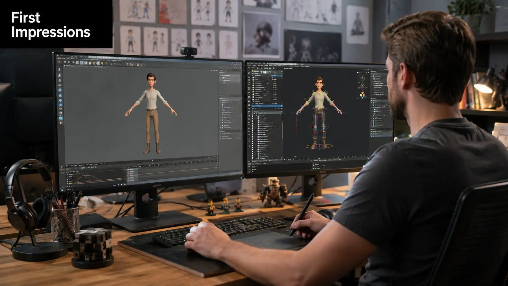 A male animator working on 3D character models on dual computer monitors in a creative studio.
