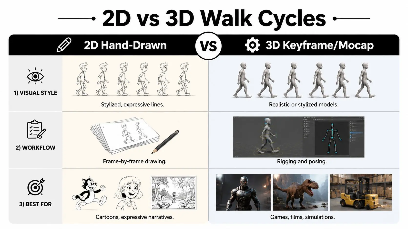 A comparison chart showing the differences between 2D hand-drawn and 3D keyframe or mocap walk cycle animations.