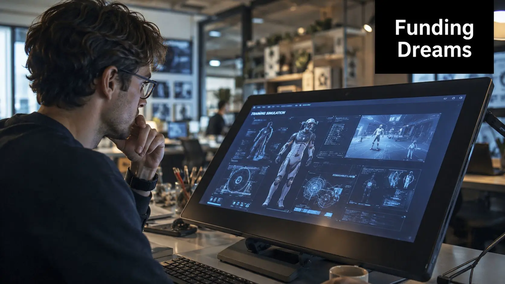 A professional game developer working on a futuristic robot character design on a large desktop monitor.