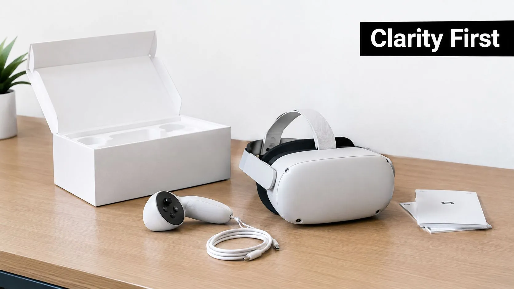 A Meta Quest VR headset with a controller, cable, and packaging box displayed on a wooden table.