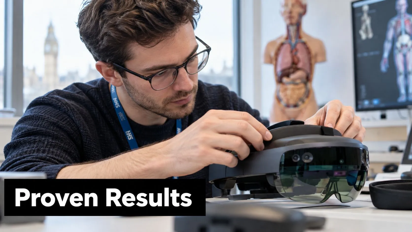 A researcher wearing glasses and a medical lanyard adjusting a professional augmented reality headset in an office.