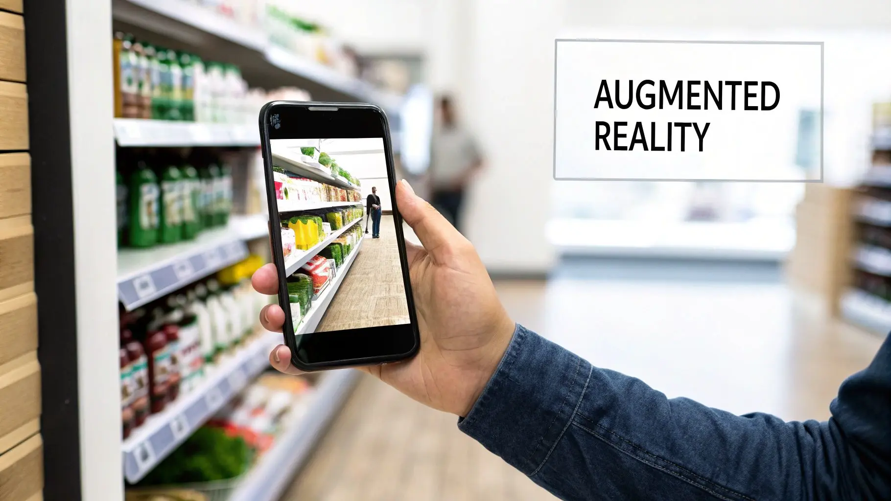 A person uses a smartphone with an augmented reality app in a grocery store aisle.
