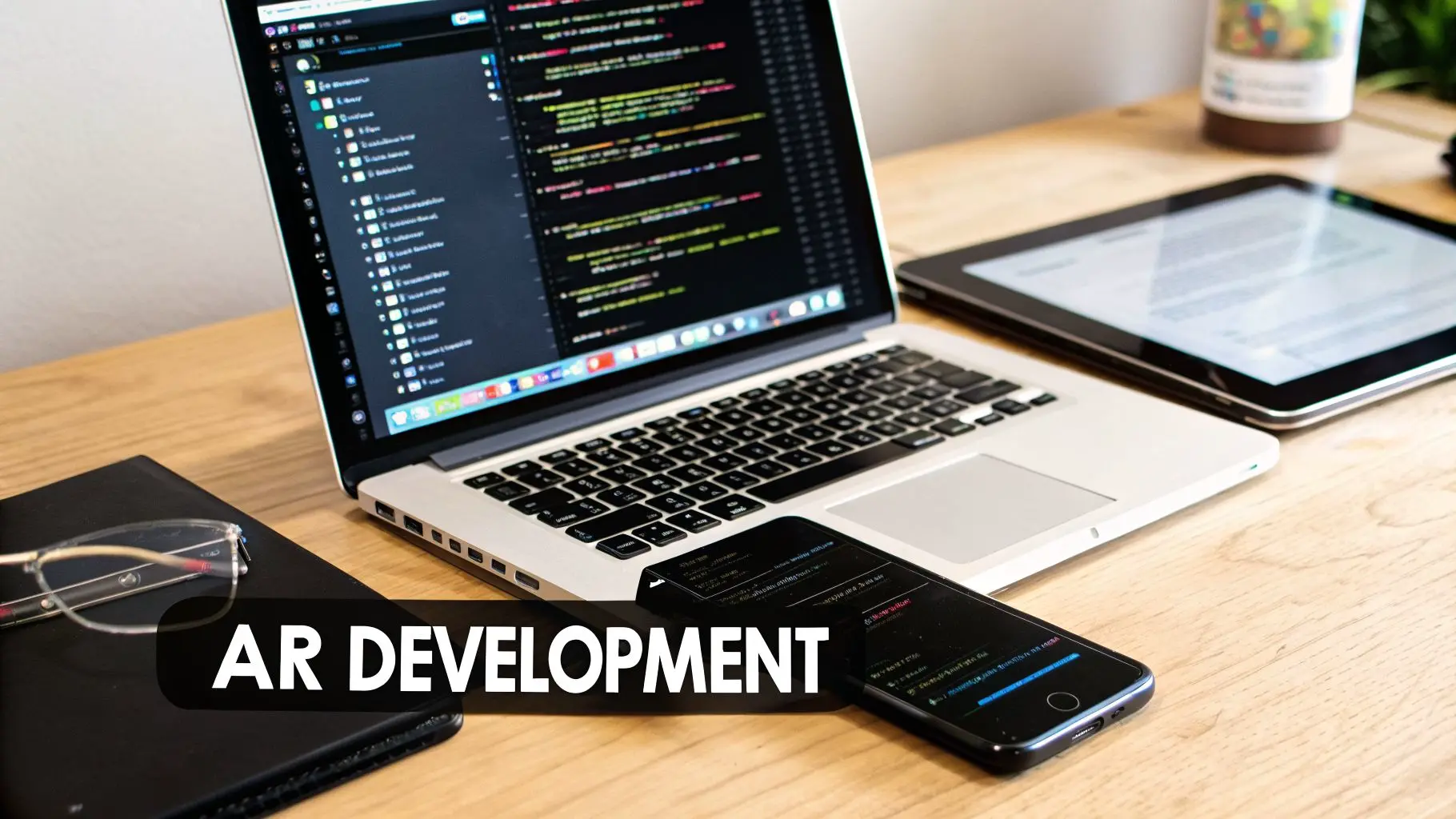 A modern workspace with a laptop displaying AR development code, a smartphone, and a tablet on a wooden desk.