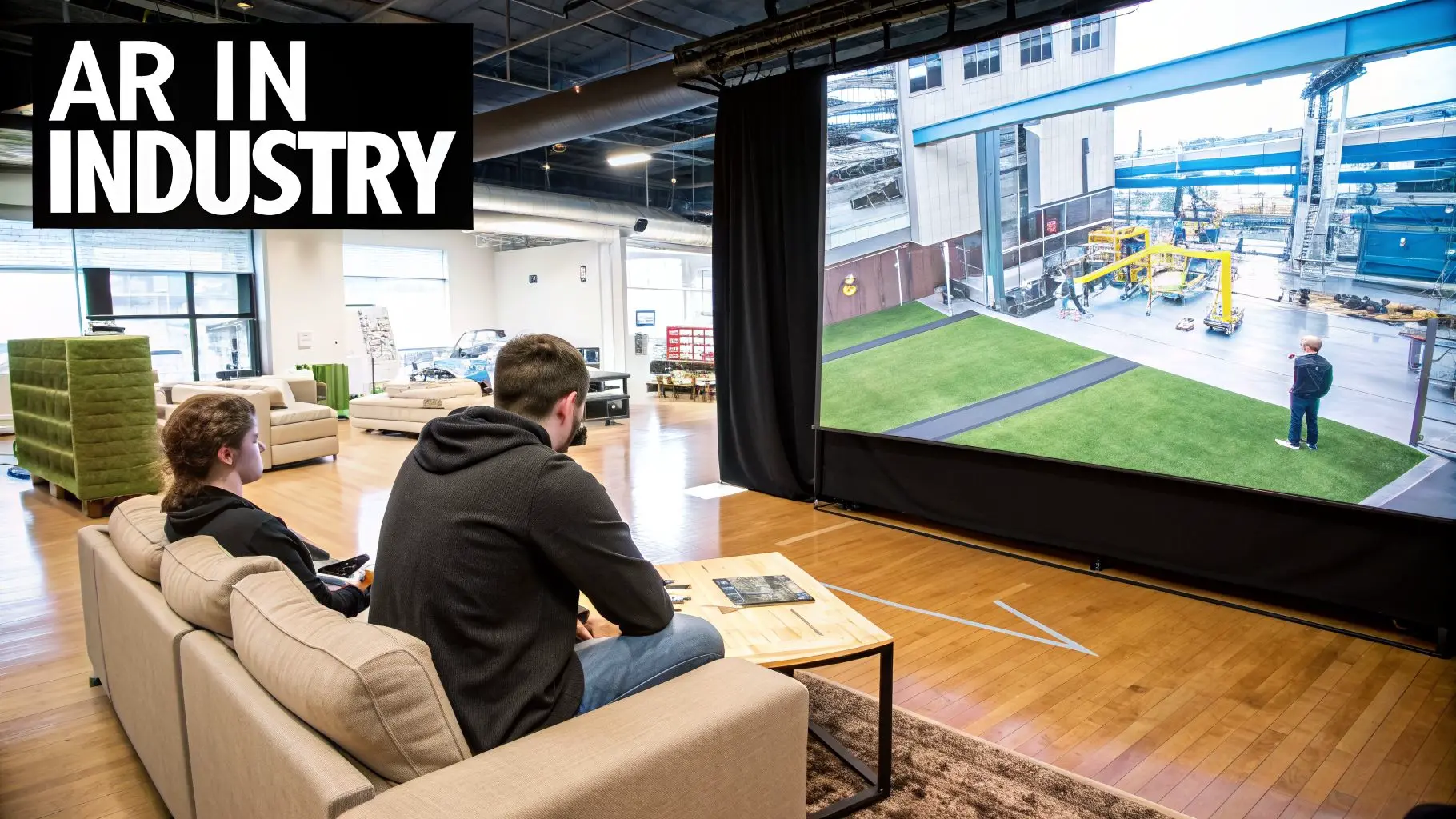 People watch a large screen displaying an industrial augmented reality simulation in a modern room.