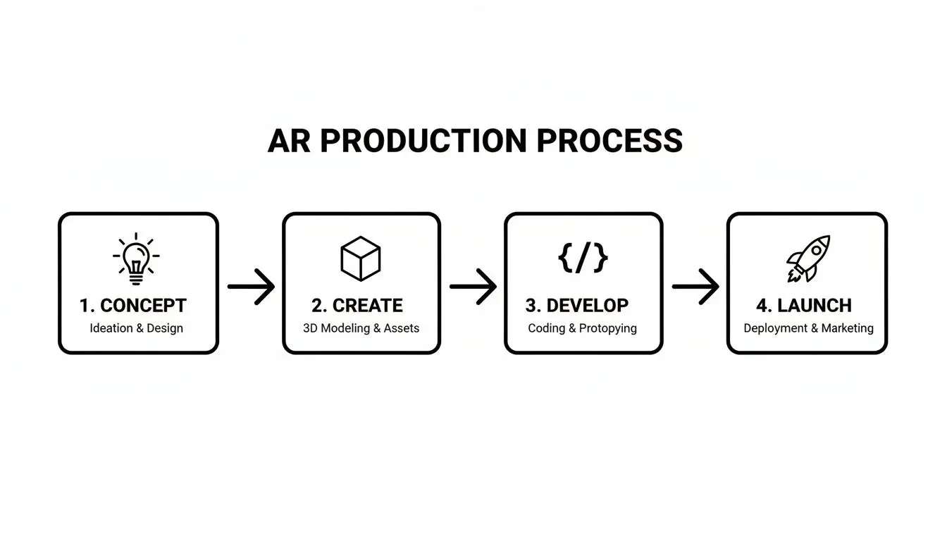 Flowchart outlining the Augmented Reality (AR) production process, from concept to launch.