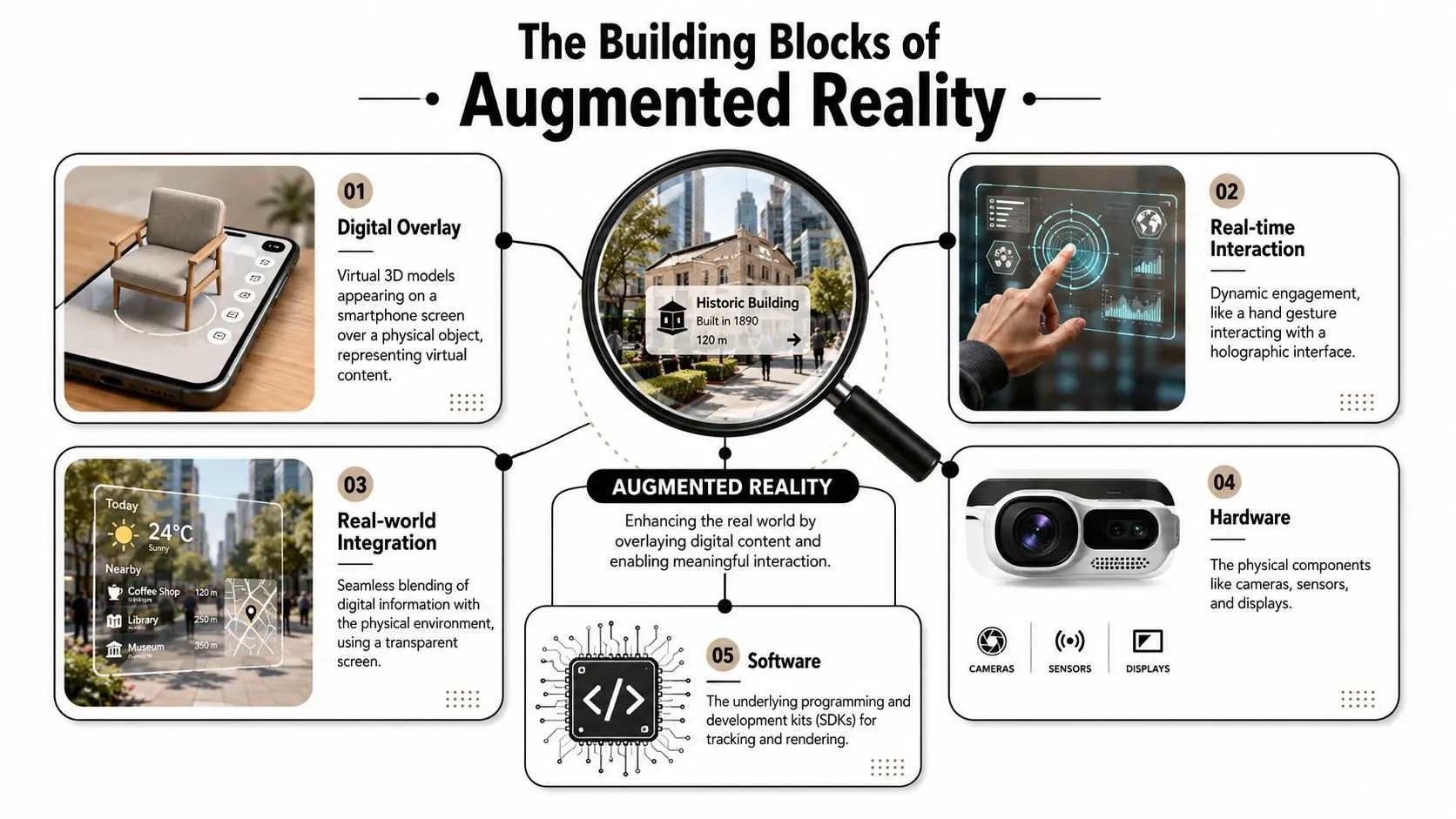 An infographic titled The Building Blocks of Augmented Reality showing five key technical components and their definitions.