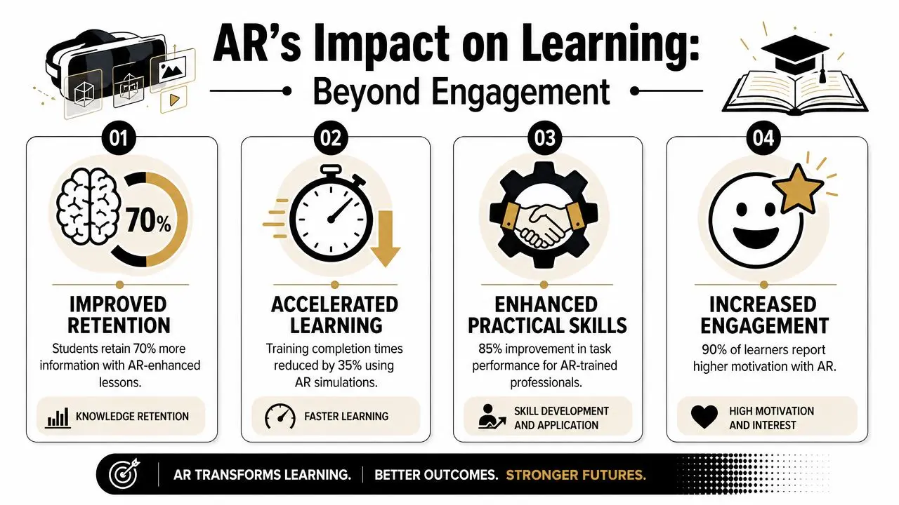 An infographic showing four key benefits of augmented reality in education including retention, speed, skills, and engagement.