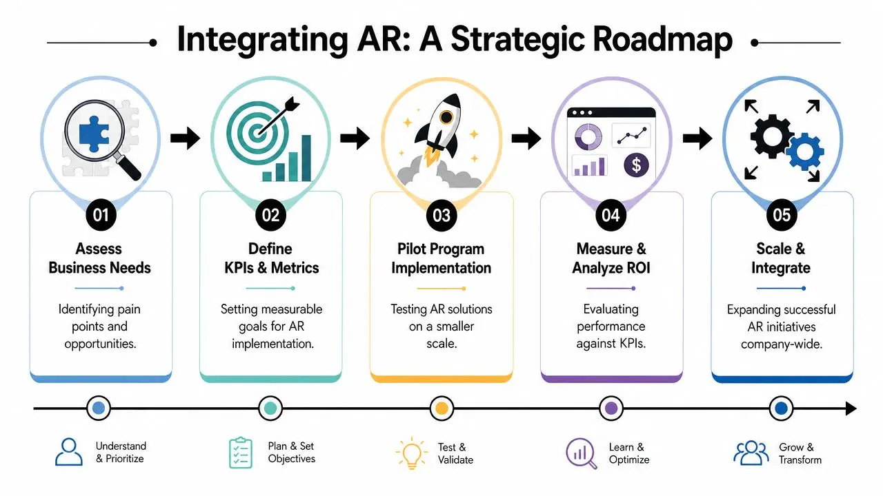 A strategic roadmap infographic illustrating five steps for integrating augmented reality technology into business operations successfully.