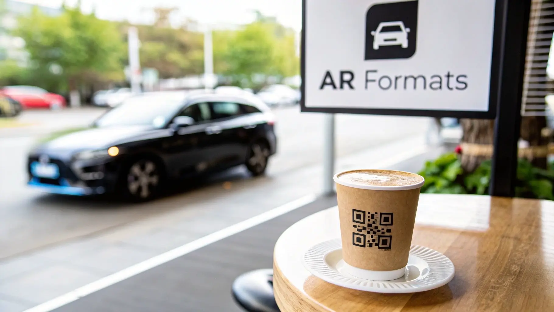 A coffee cup with a QR code on a wooden table, with an 'AR Formats' sign and a car outside.
