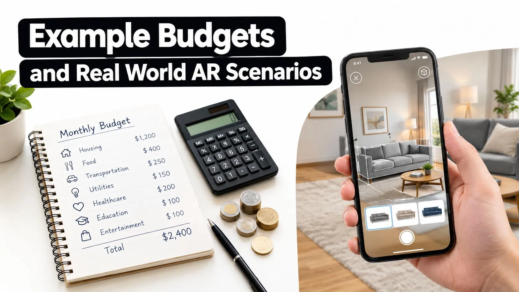 A monthly budget planner on a notepad beside a smartphone displaying an augmented reality furniture visualization app.