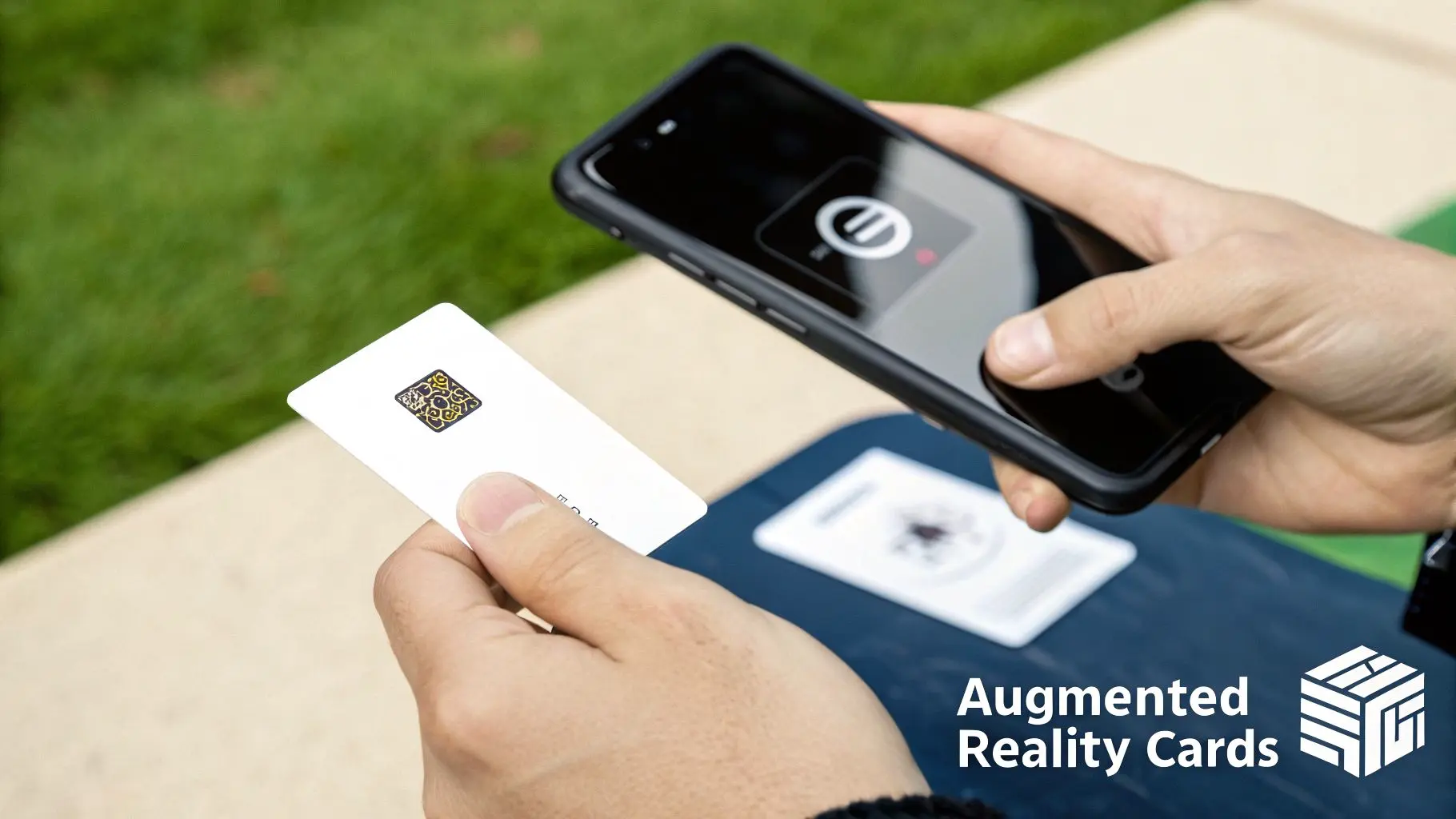 A person holds a white augmented reality card while scanning it with a smartphone outdoors.