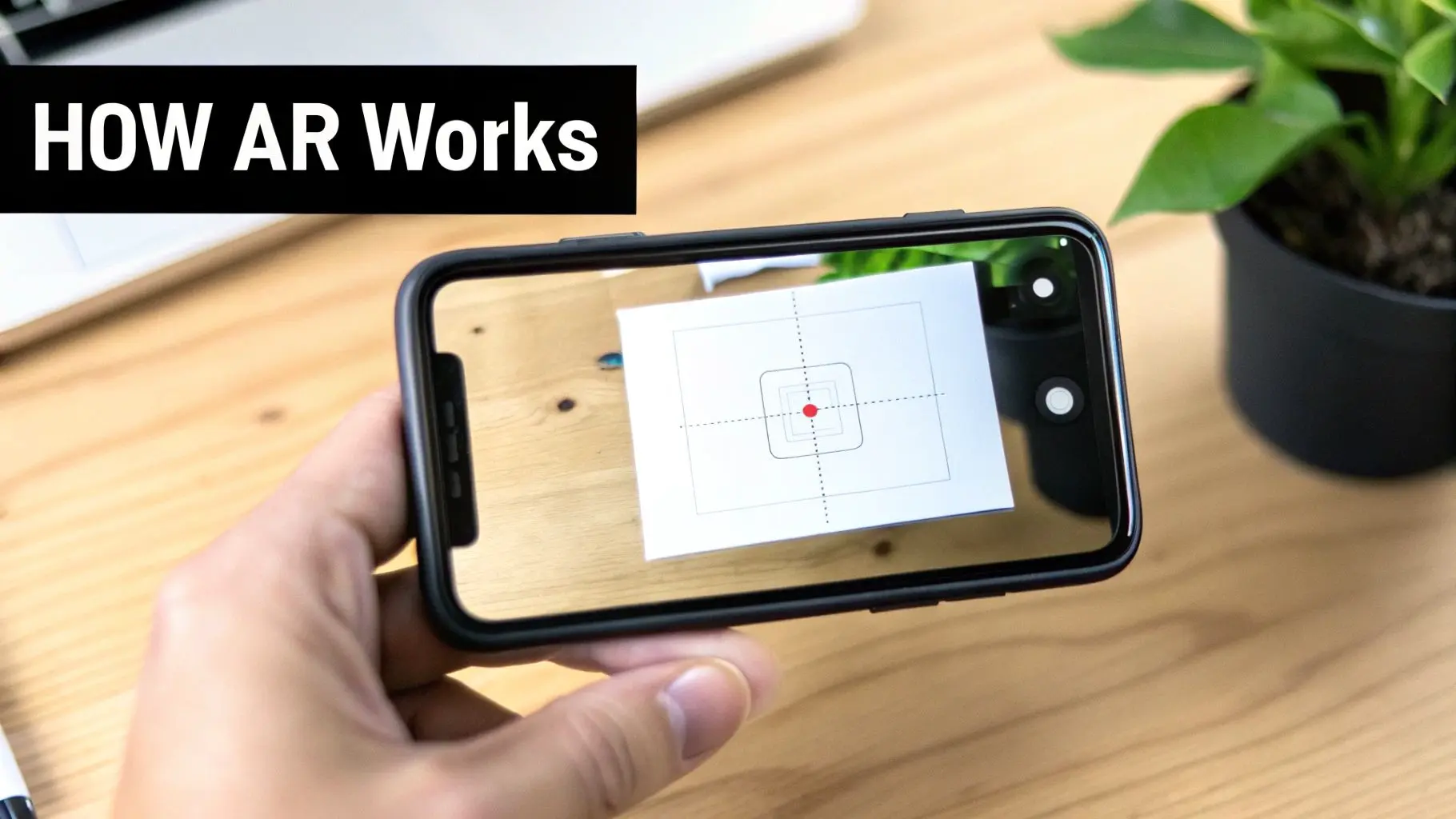 A hand holds a smartphone displaying an augmented reality target on a white card, explaining how AR works.