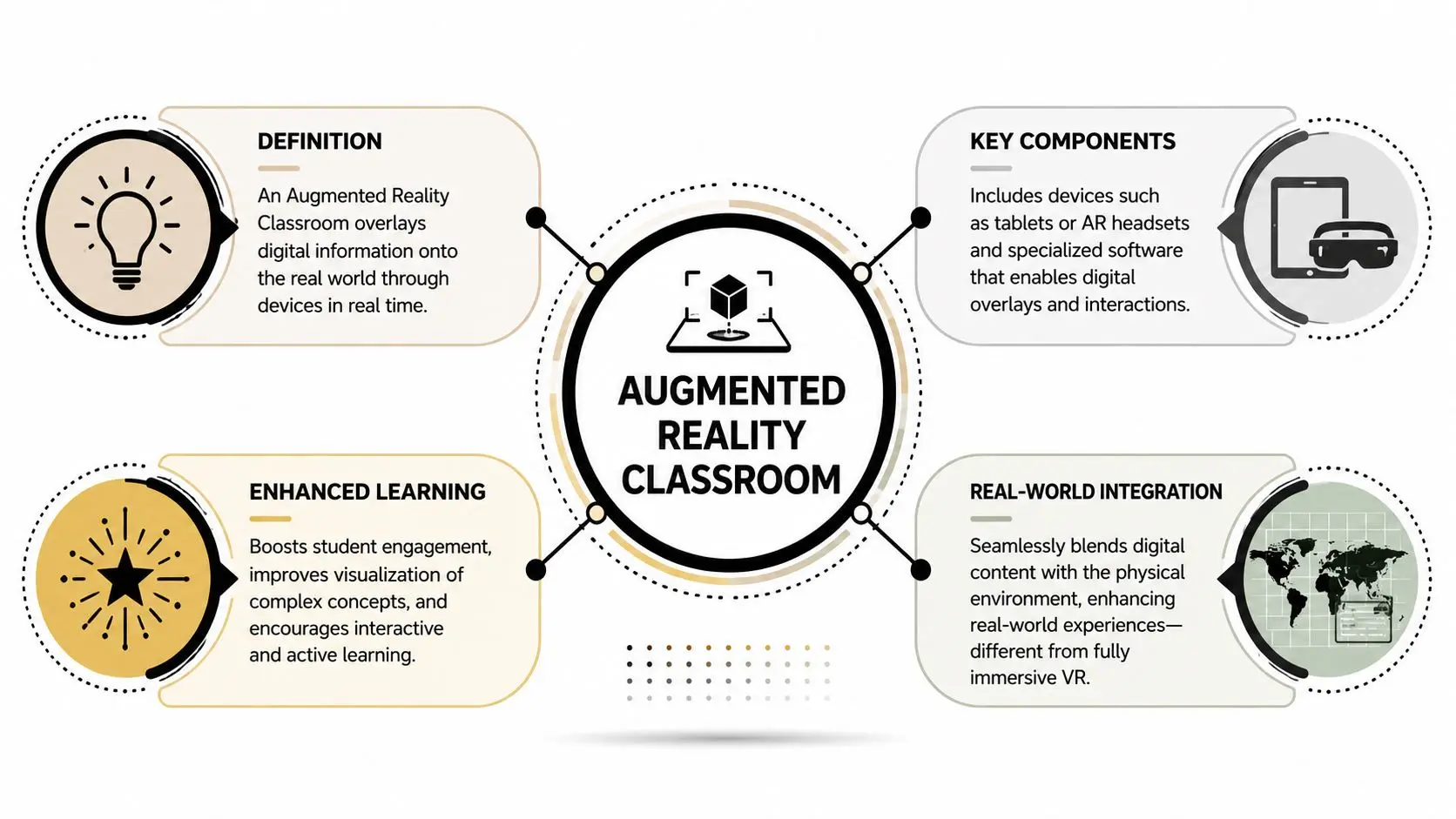 A diagram illustrating the concept of an augmented reality classroom with four key features and benefits.